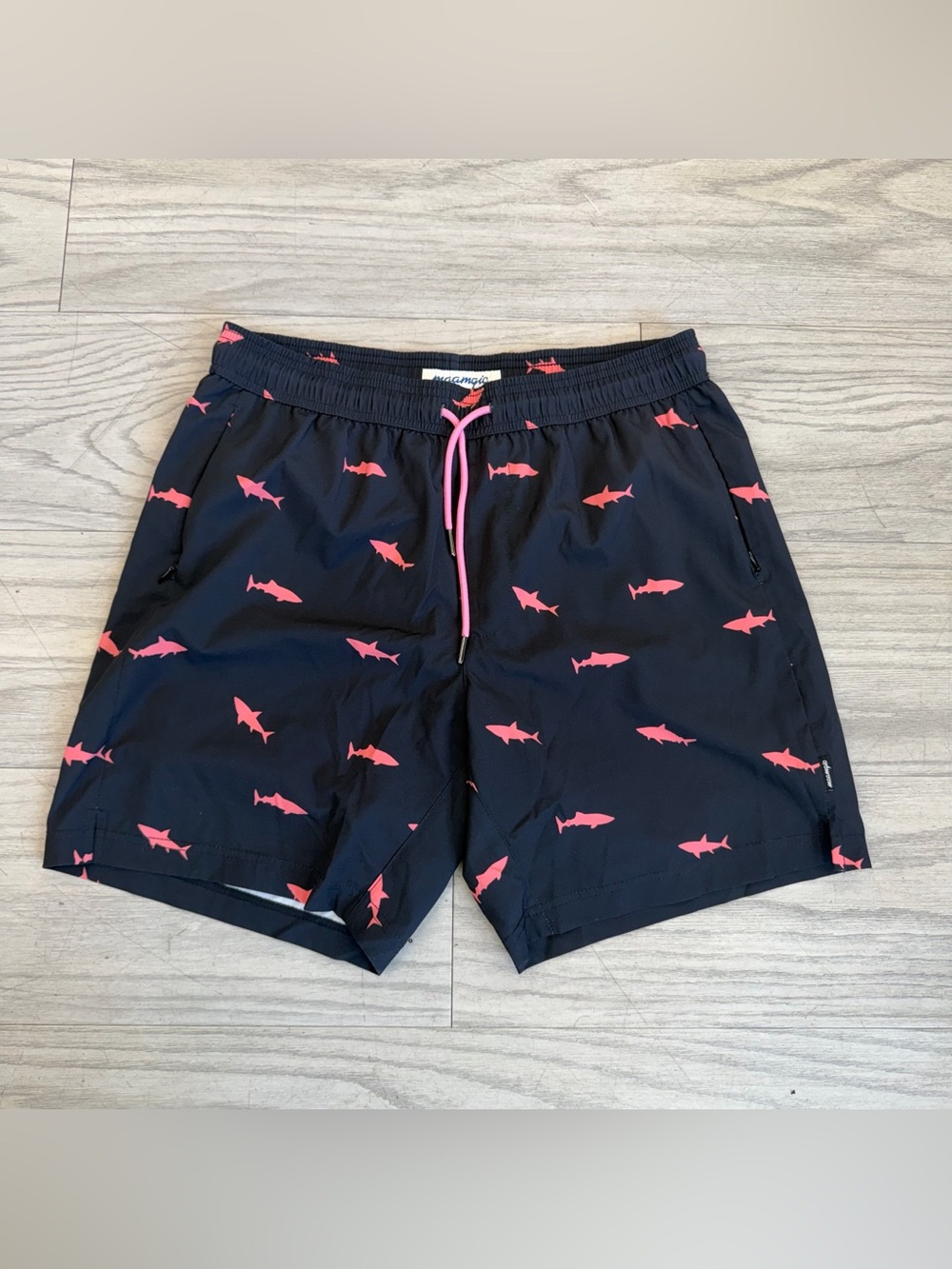 Maamgic Black Swim Trunks with Pink Shark Print
